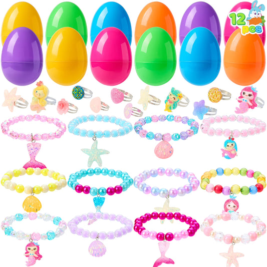 Joyfy 12 Pack Prefilled Easter Eggs with Toys,Easter Eggs Filled with Beads Bracelets and Rings Inside Girls Jewelry Set for Easter Basket Stuffers and Classroom Exchange Party Favors