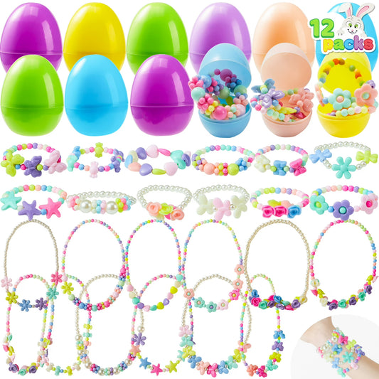 Joyfy 12 Pack Prefilled Easter Eggs with Toys,Easter Eggs Filled with Necklaces and Bracelets Girls Jewelry Set for Easter Basket Stuffers and Classroom Exchange Party Favors