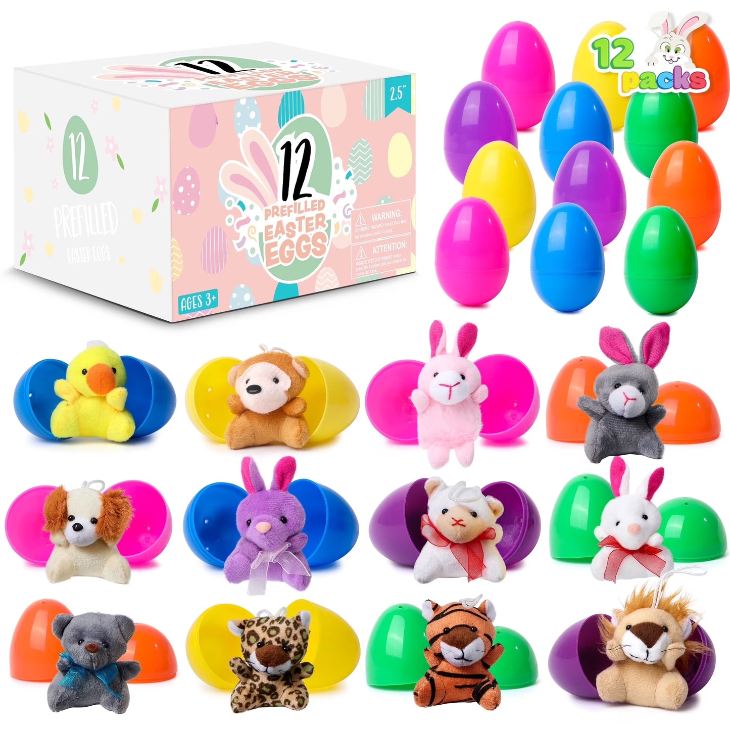 Joyfy 12 Pack Prefilled Easter Eggs with Toys,Easter Eggs with Mini Stuffed Animals Plush Toys for Kids Toddler,Easter Basket Filler Egg Hunt Filler Stuffer
