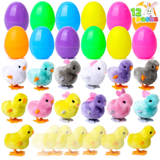 Joyfy 12 Pcs Easter Eggs Filled with Wind-up Toys,Colorful Egg Wind-Up Jumping Chicks and Bunnies for Kids Basket Stuffer, Hunt, Party Favors, Classroom Prize