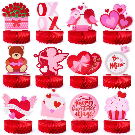 12 Pcs Valentine Honeycomb Centerpieces for Table Decorations, with Red Pink Heart Bear Centerpieces Decor for Kids Birthday Valentine Day Party Supplies
