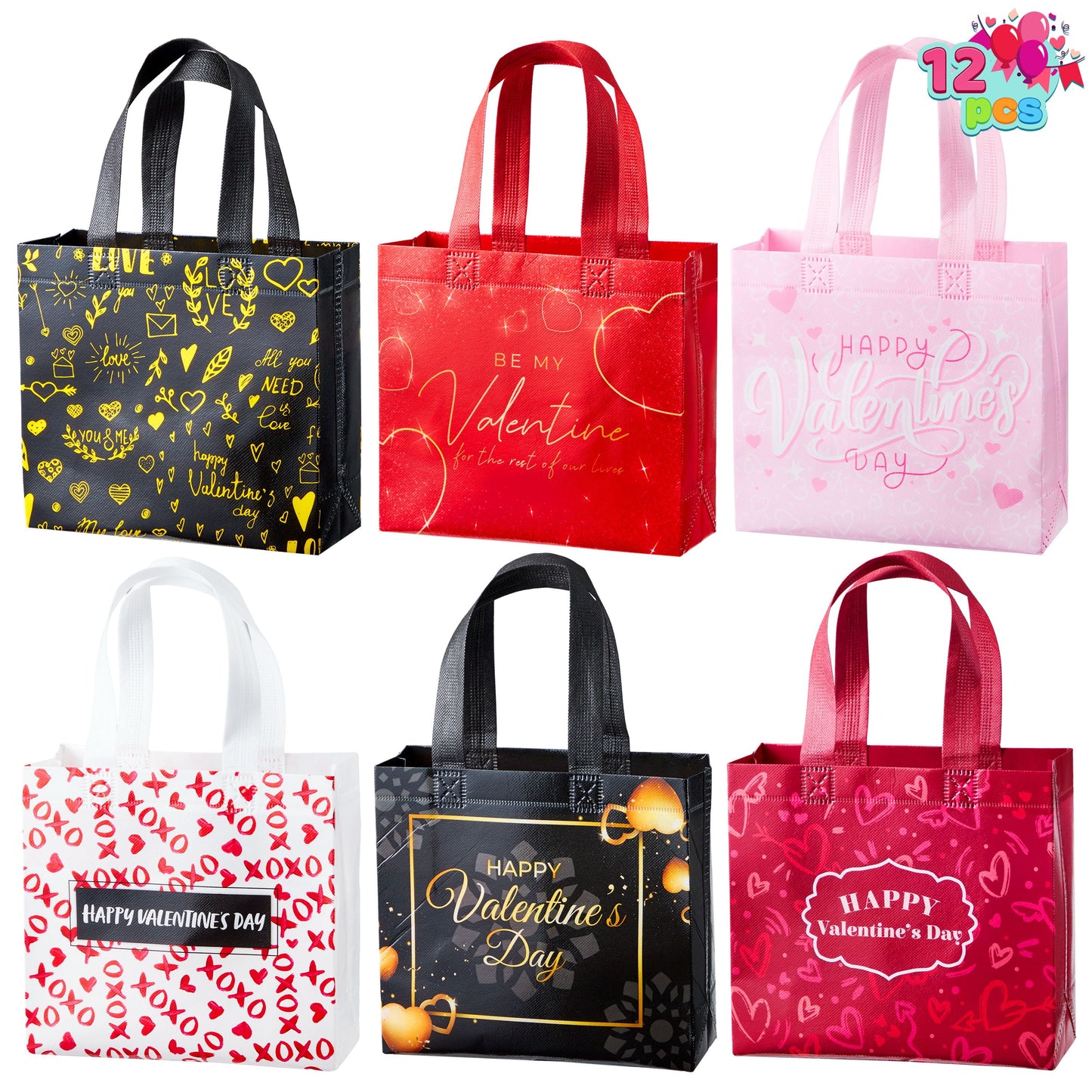 12 Pcs Valentine's Day Non-Woven Gift Bags with 6 Designs for Kids Party Favor, Classroom Exchange Prizes, Reusable Tote Bags For Present Wrapping