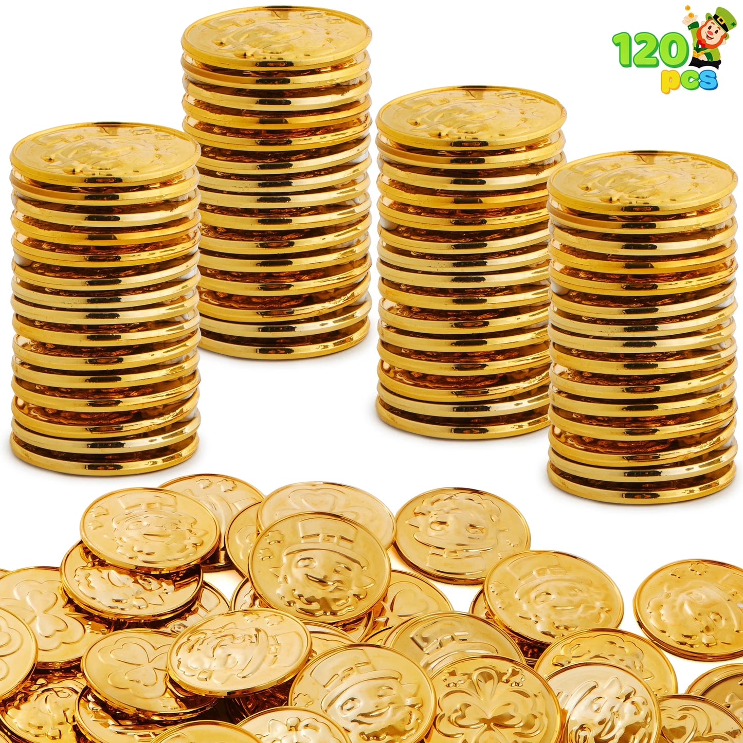 Joyfy 120 Pcs St. Patrick Day Gold Coins, Plastic Gold Coins Accessories Bulk with Shamrock, Leprechaun, Cauldron & Hat Patterns, for Decorations , Party Favors
