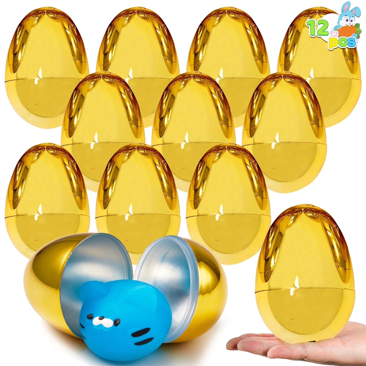 Joyfy 12 Pcs Gold Easter Eggs, 2.3 Metallic Plastic Empty Golden Eggs Fillable for Easter Hunt, Filling Treats, Party Favor, Basket Stuffers, Classroom Prizes