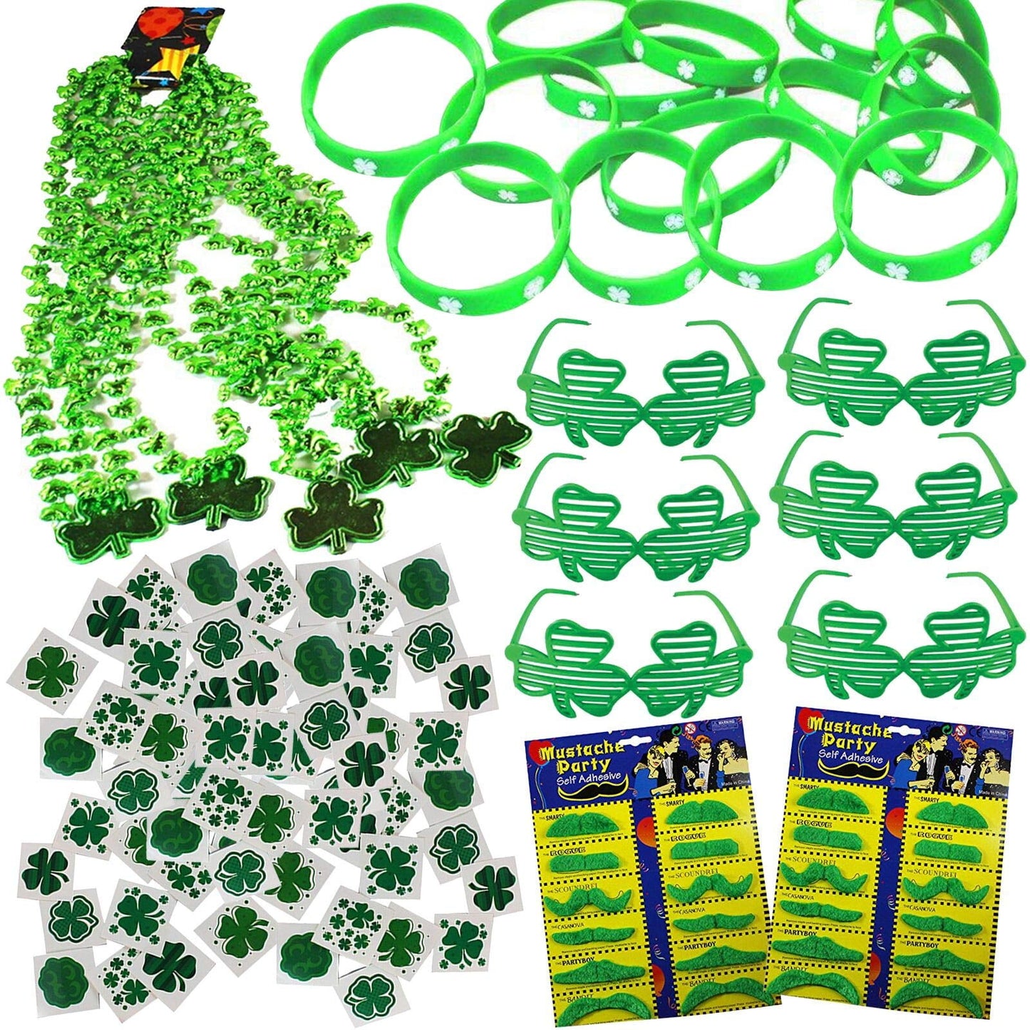 144 St. Patrick's Day outfit accessories set, 12 pairs of green clover glasses, 12 bead necklaces