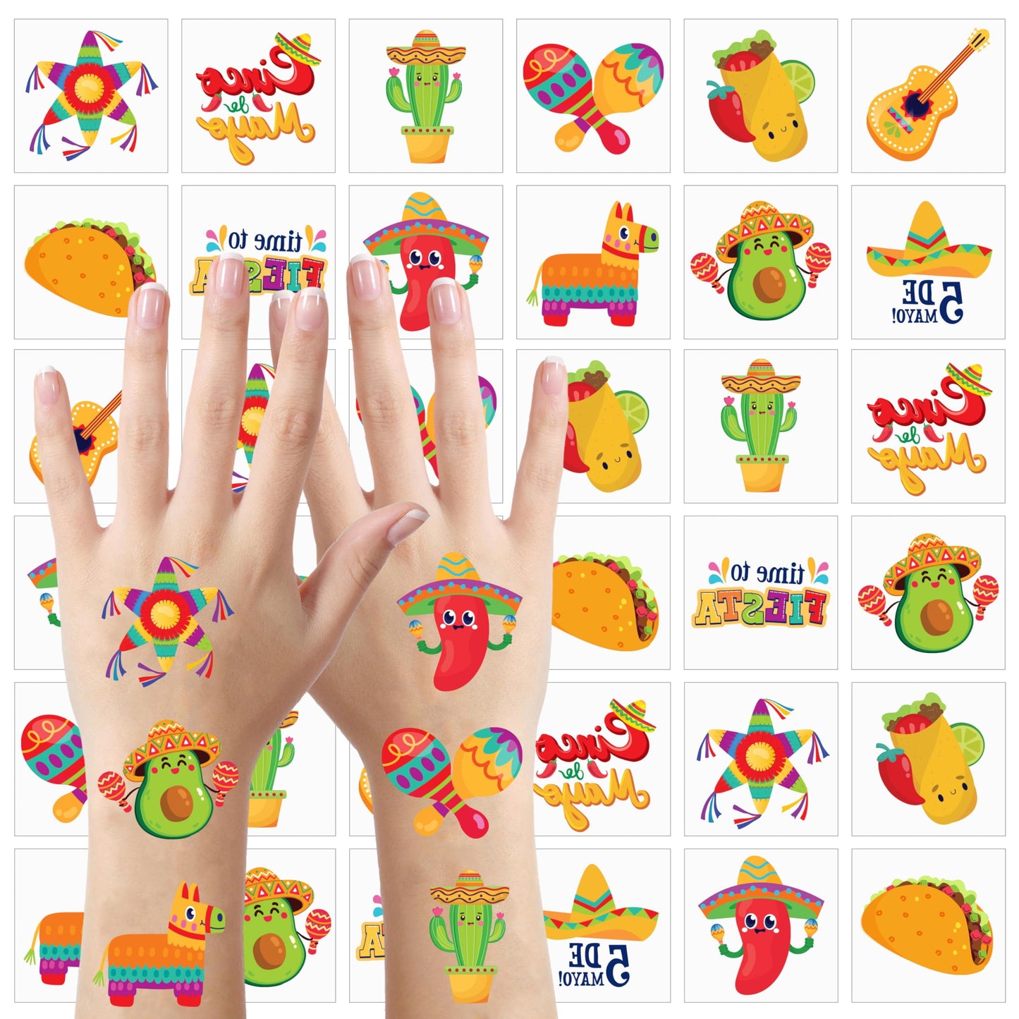 144 pieces of Cinco De Mayo Mexico themed party temporary tattoo set, carnival party fake tattoo stickers, straw hats