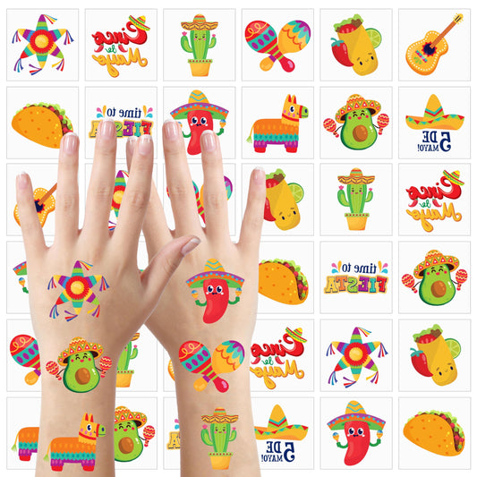 144 pieces of Cinco De Mayo Mexico themed party temporary tattoo set, carnival party fake tattoo stickers, straw hats
