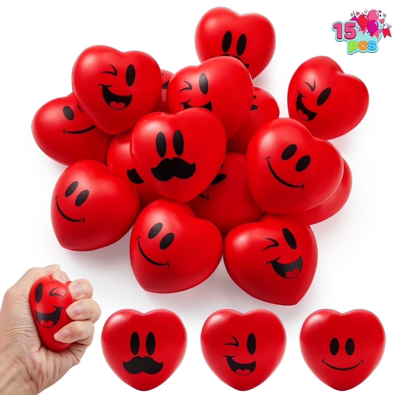 Joyfy 15 Pcs Valentines Day Heart Shaped Squishy Toy Ball,3 Heart Stress Ball for Classroom Exchange Gift,Party Favors for Kids,Fun Holiday Reward Prizes