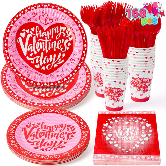 168-piece Valentine's Day Dinnerware Set for Kids Party Supplies, Disposable Party Paper Plates