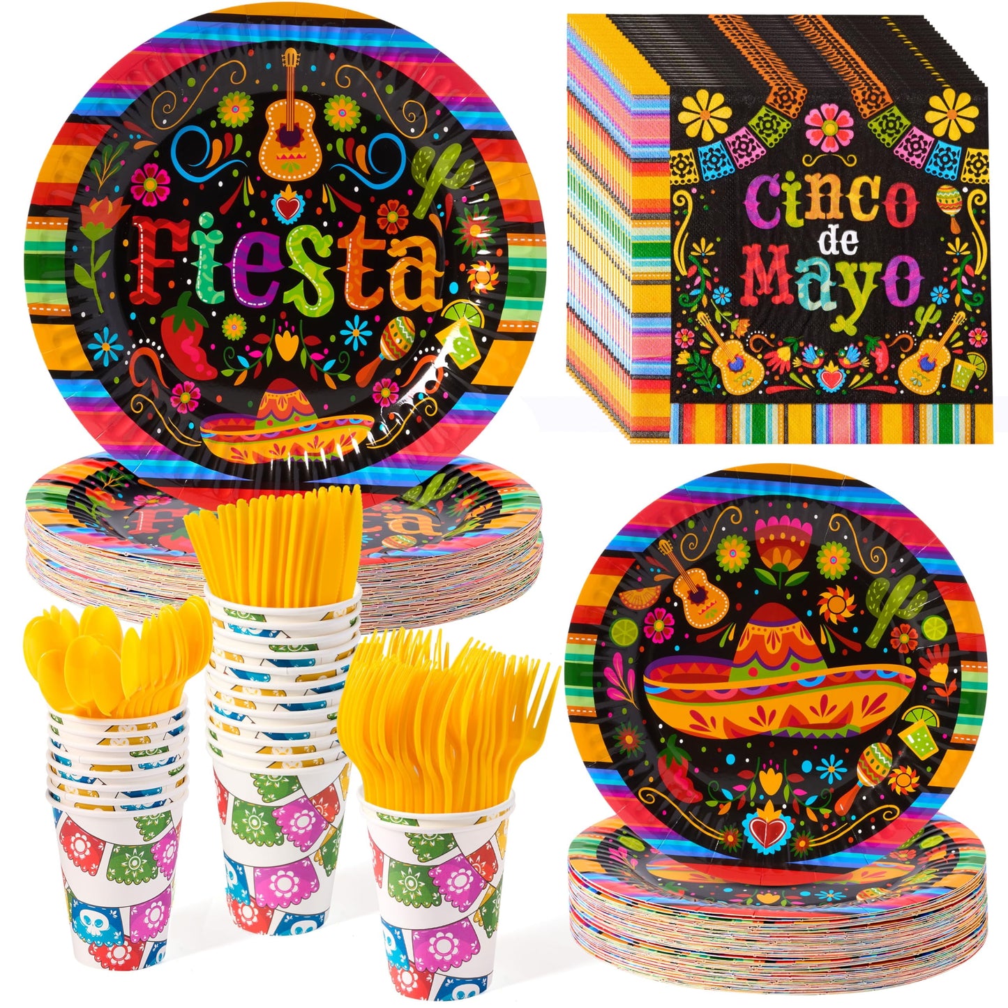 168 pieces of carnival party paper plates and napkins set for decorating Mexican themed parties