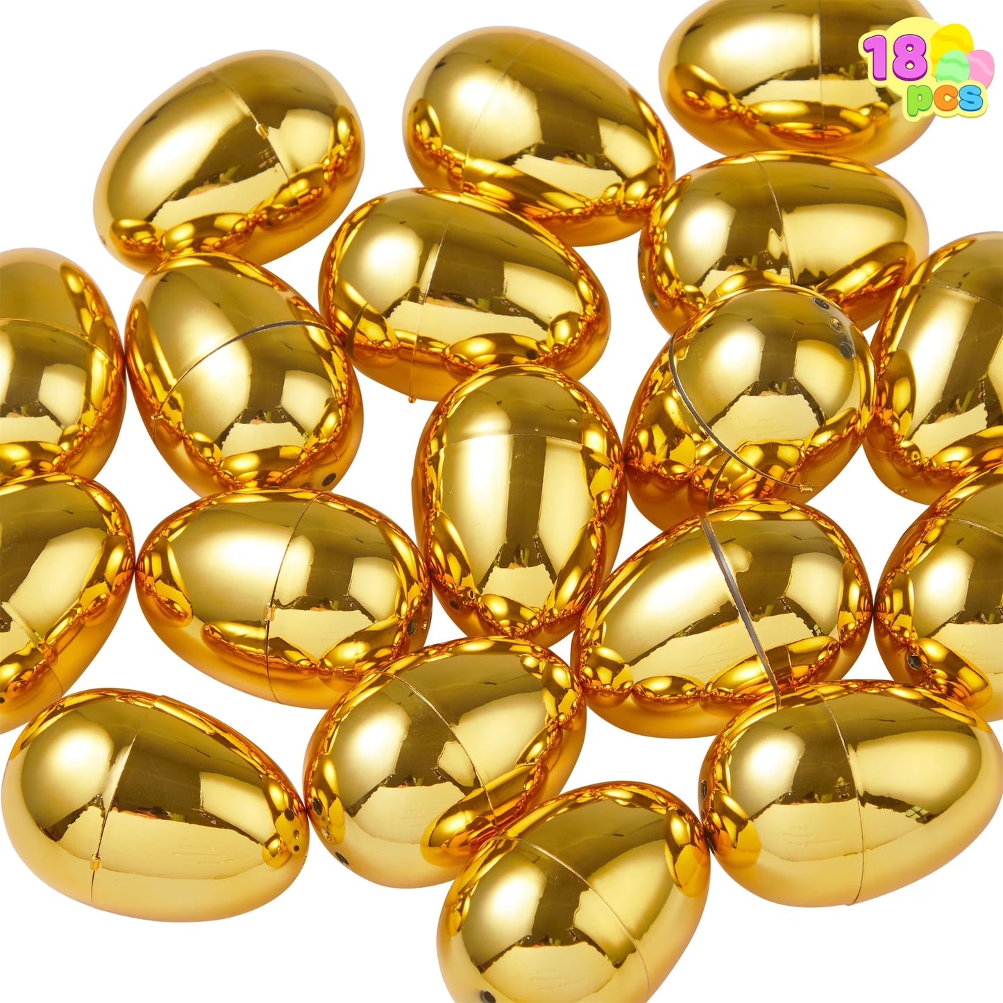 Joyfy 18PCS 2.3" Golden Easter Eggs, Metallic Empty Easter Eggs Fillable, Plastic Eggs Bulks for Easter Hunt, Filling Treats, Party Favor, Easter Basket Stuffers, Classroom Prize Supplies