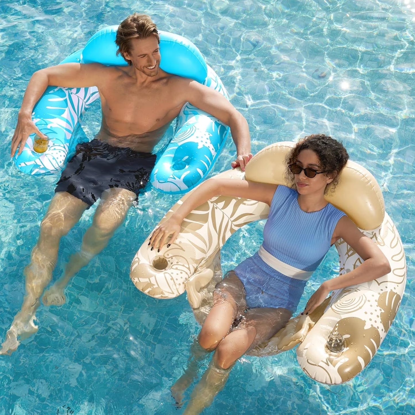 Joyfy 2 Pack Pool Chairs with Cup Holders,Inflatable Pool Floats for Adult,Blow up Floats Chair,Hammock Noodle Mat Leaves Design for Relaxing Summer Water Fun Swimming Party Beach Blue, Gray