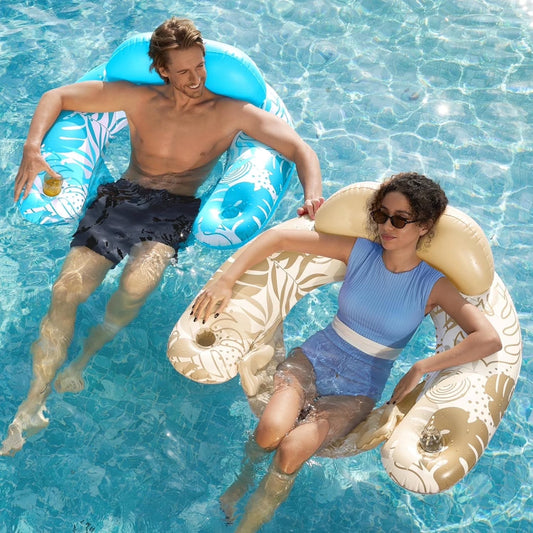 Joyfy 2 Pack Pool Chairs with Cup Holders,Inflatable Pool Floats for Adult,Blow up Floats Chair,Hammock Noodle Mat Leaves Design for Relaxing Summer Water Fun Swimming Party Beach (Blue, Gray)