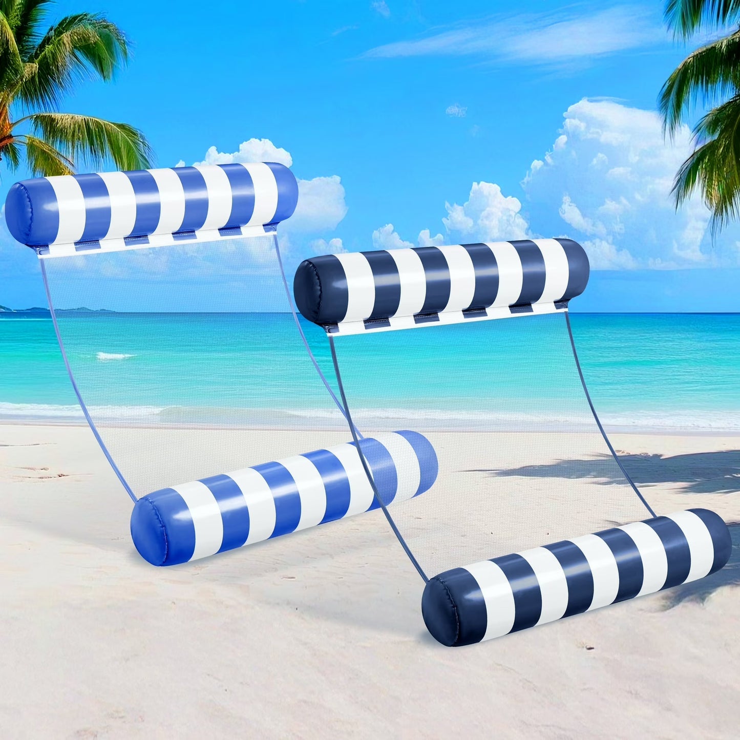 Syncfun 2 Packs Inflatable Pool Float Hammock, 4 in 1 Pool Floaties for Adults, Swimming Pool Floats for Adults, Pool Accessories Saddle, Lounge Chair, Hammock, Drifter for Pool, Bea Blue, Navyblue