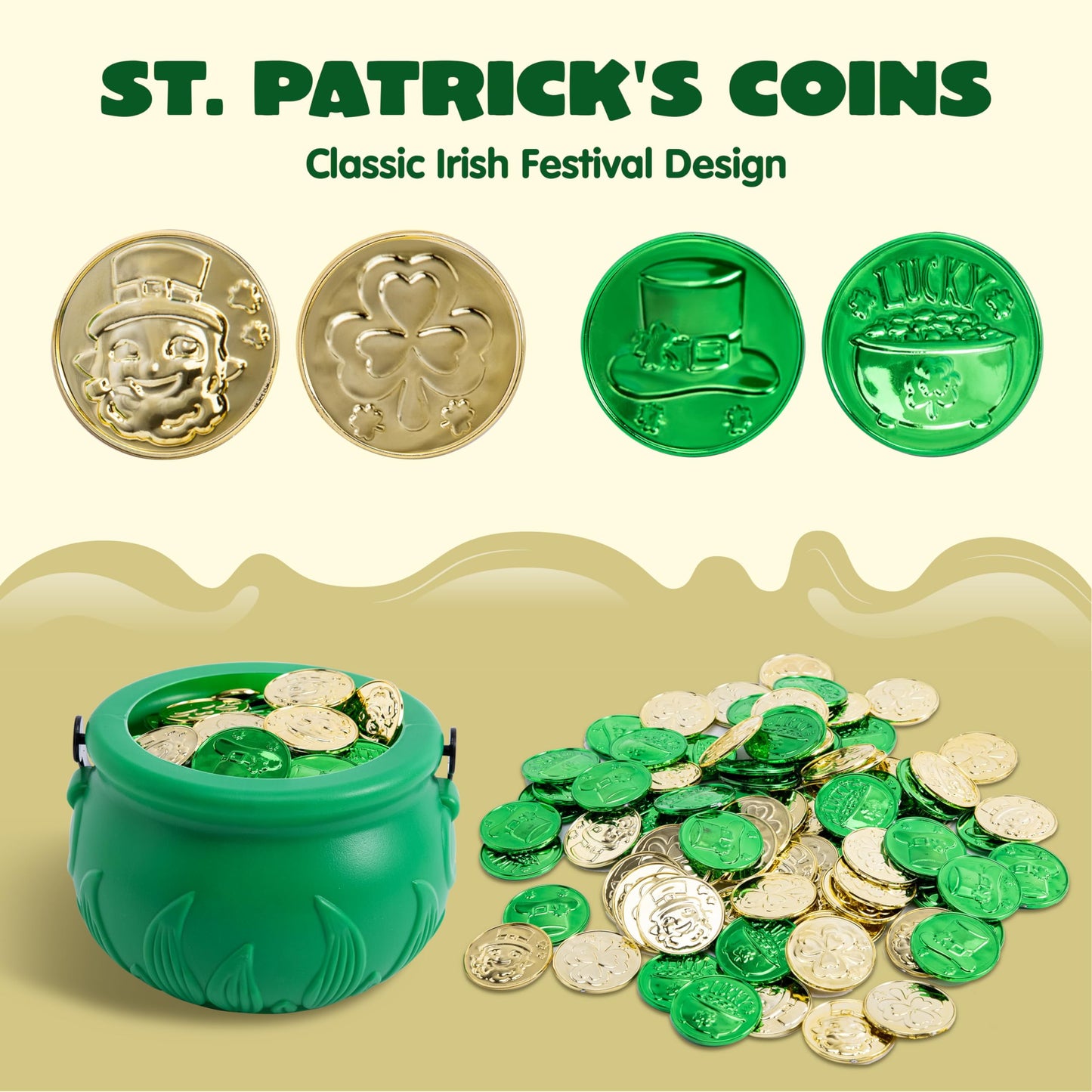 208 St. Patrick's Day Lucky Fairy Plastic Coins and 1 Large Green Pot with Handle St. Patrick's Gold Pot Party Supplies