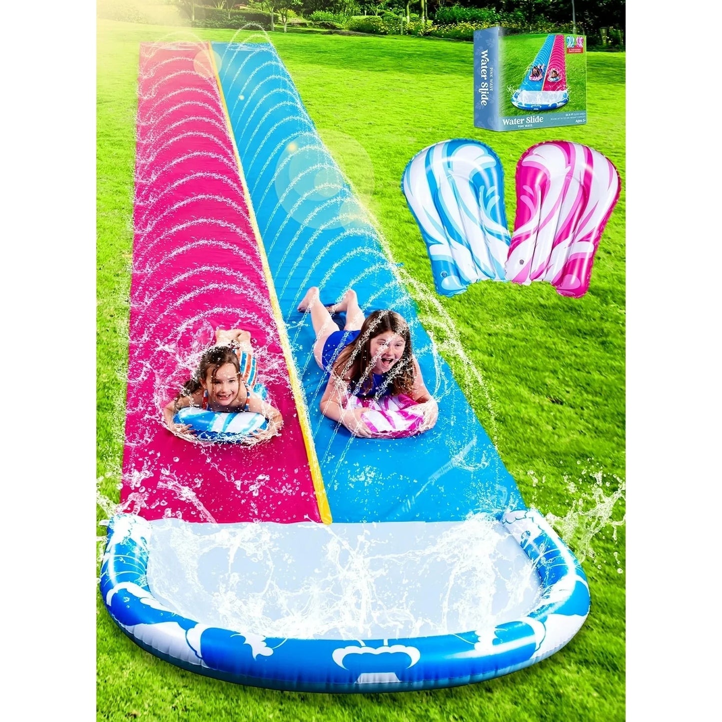 Joyfy 22.5ft Double Water Slide, Heavy Duty Lawn Water Slide with Sprinkler, and 2 Slip Inflatable Boards for Summer Yard Lawn Outdoor Water Play Activities