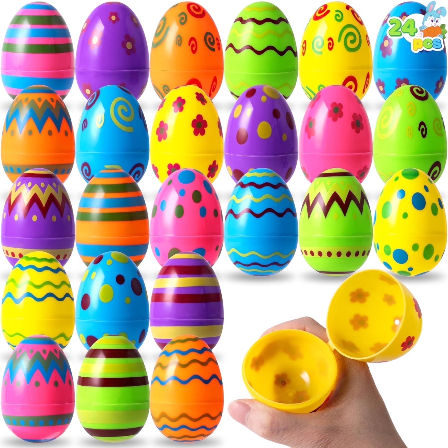 Joyfy Printed Easter Eggs 24 Pcs 3.15, Plastic Fillable Easter Eggs in Bulk, Empty Colorful Eggs for Easter Hunts,Classroom Prize Supplies, Party Favors,Party Supplies