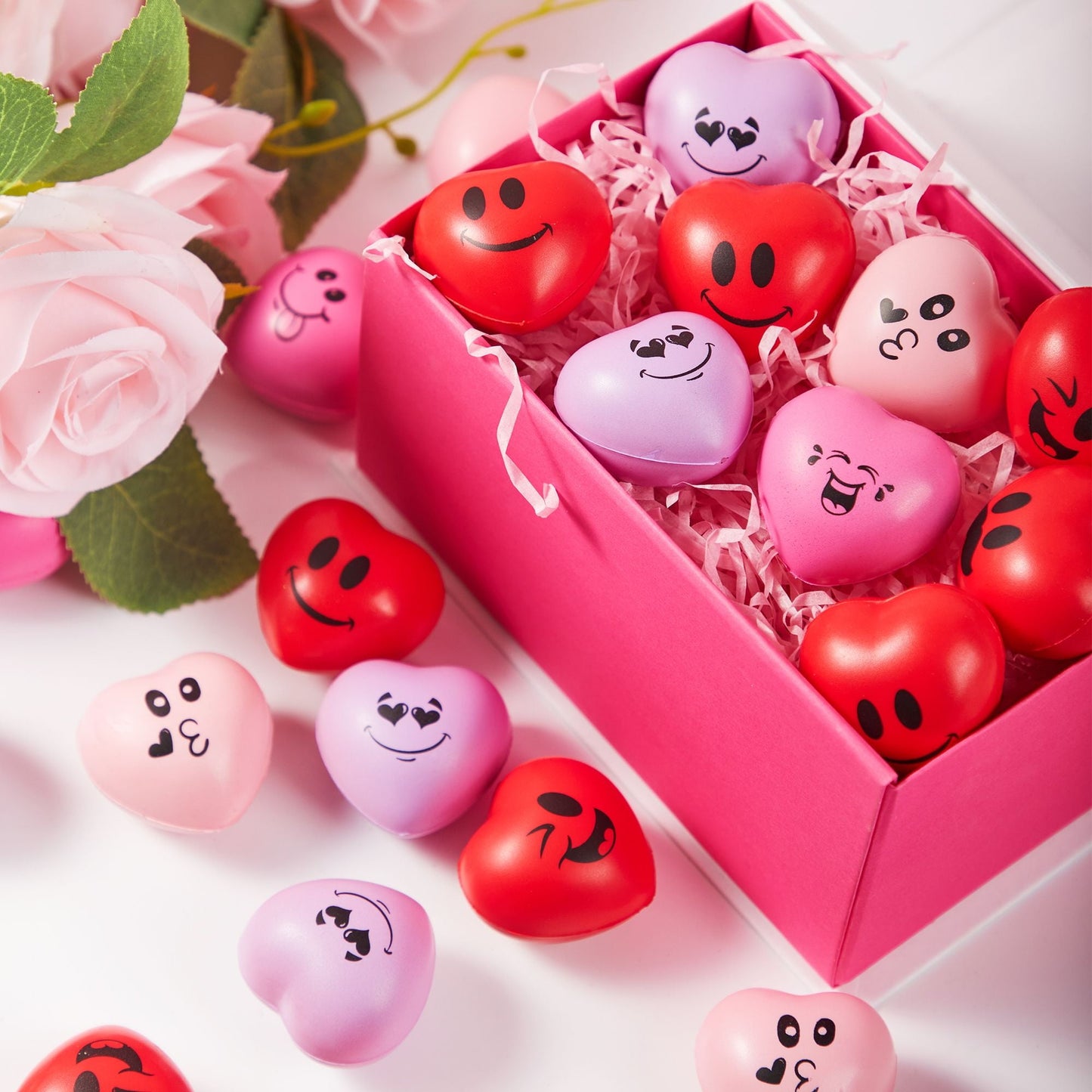 24-Pack Valentine's Day Heart Stress Balls 1.6" x 1.6" for Kids, Soft Toy Slow Rise for School Carnival Rewards