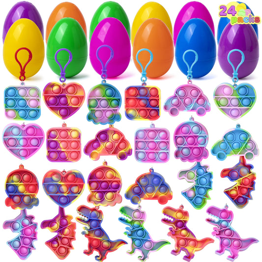Joyfy 24 Pack Prefilled Easter Eggs with Toys,Easter Eggs Filled with Pop Keychain Fidget Stress Relief Squeeze Bubble for Easter Basket Stuffers and Classroom Exchange Party Favors