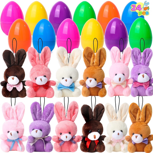 Joyfy 24 Pack Prefilled Easter Eggs with Toys,Easter Eggs with Mini Stuffed Animals Plush Bunnies Toys for Kids Toddler,Easter Basket Filler Egg Hunt Filler Stuffer