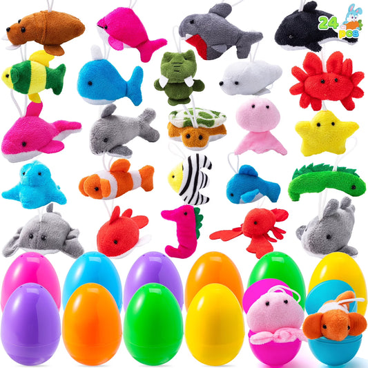 Joyfy 24 Pack Prefilled Easter Eggs with Toys,Easter Eggs with Mini Stuffed Sea Animal Plush Toys for Kids Toddler,Easter Basket Filler Egg Hunt Filler Stuffer