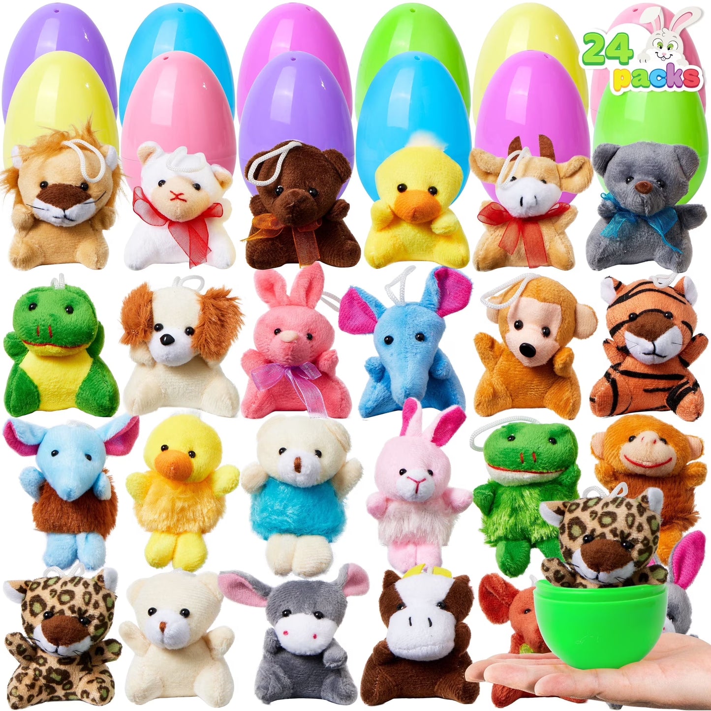 Joyfy 24 Pack Prefilled Easter Eggs with Toys,Easter Eggs with Mini Stuffed Animals Plush Toys for Kids Toddler,Easter Basket Stuffers