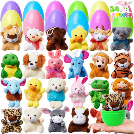 Joyfy 24 Pack Prefilled Easter Eggs with Toys,Easter Eggs with Mini Stuffed Animals Plush Toys for Kids Toddler,Easter Basket Stuffers