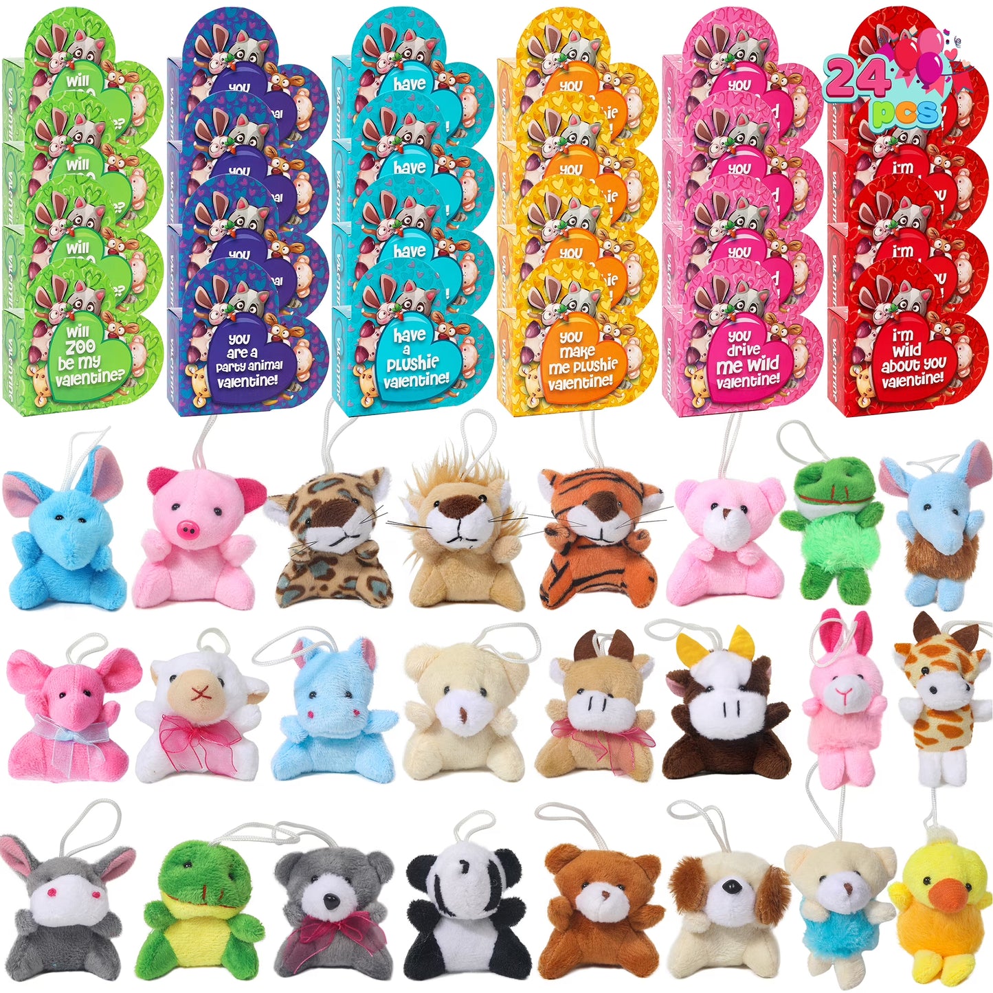 Joyfy 24 Packs Valentines Day Animal Plush Toy Party Favors Filled with Heart Boxes for Kids, KeyChain Plush Fidget Toy for Valentine Classroom Gift Exchange, Party Game Prizes School Rewards
