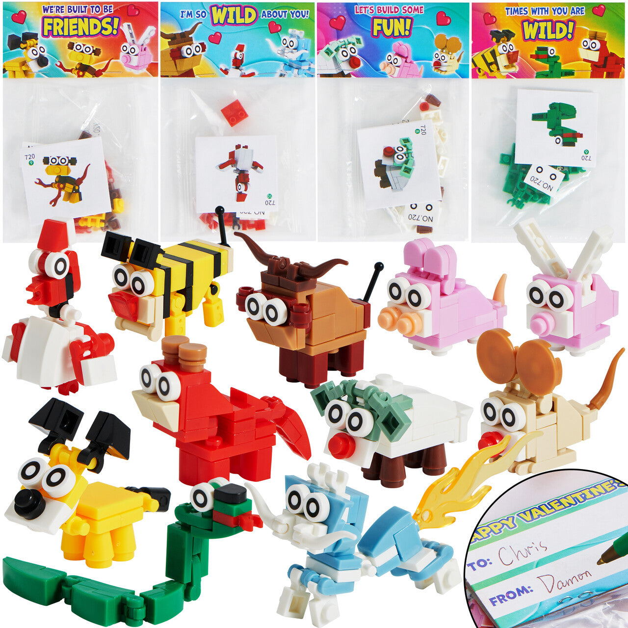 24 Packs Valentines Day Gift Cards with Animal Building Blocks for Valentine Party Favor Toy,Valentine's Classroom Exchange,Kids Classroom School Prize