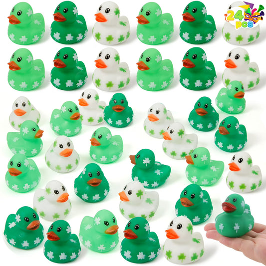 Joyfy 24 Pcs St. Patrick's Day Rubber Ducks for Patrick's Party Supplies, Green Shamrock Clover Ducks for Kids Party Accessories Favors