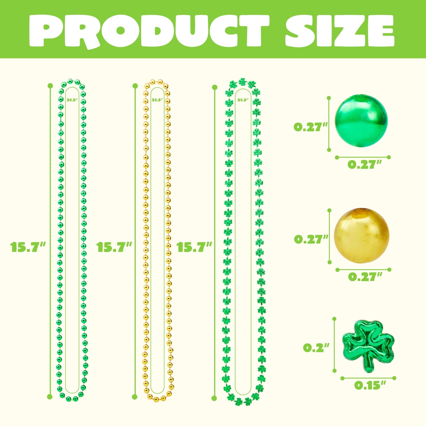 24 St. Patrick's Day necklace set, 8 green bead necklaces, 8 gold bead necklaces