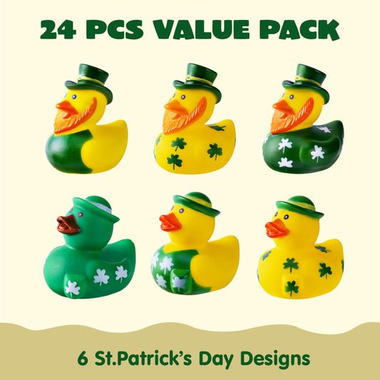 24 St. Patrick's rubber ducks, lucky ducks with St. Patrick's Day green rubber duck hats and clover patterns