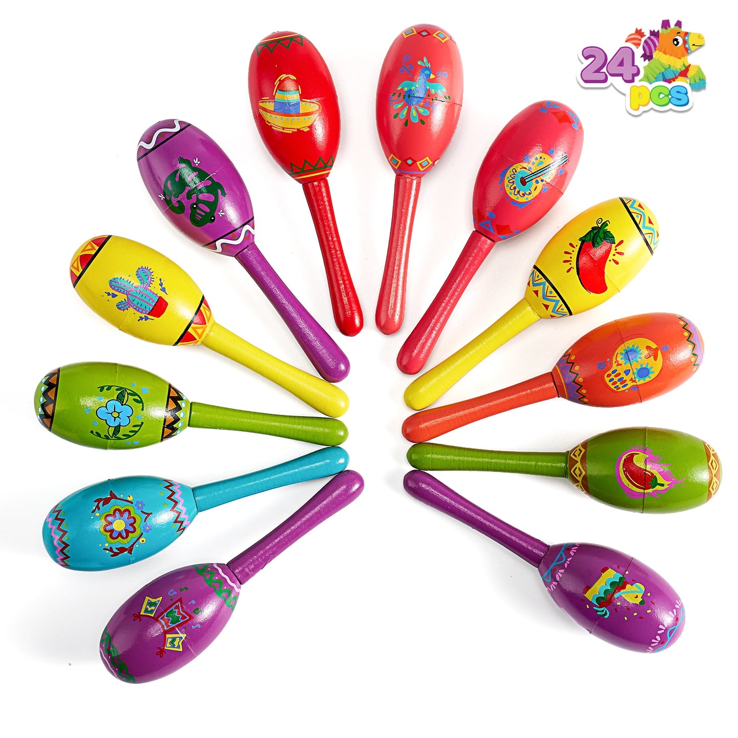 24 pieces of Cinco De Mayo children's mini wooden Malakas, carnival party gifts, and baby Malakas colored Malakas with wooden tambourines