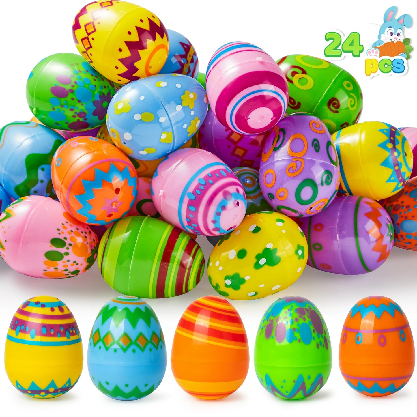 Joyfy 24PCS 2.3" Printed Easter Eggs, Empty Easter Eggs Fillable, Colorful Plastic Eggs Bulks for Easter Hunt, Party Favor, Basket Stuffers Filler, Classroom Prize Supplies