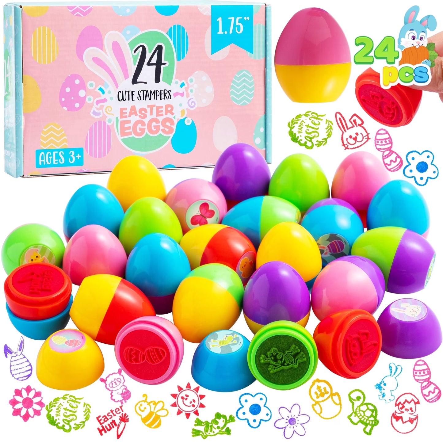Joyfy 24 Pcs Easter Eggs Stamps for Kids, Easter Stampers Toys for Boys Girls Toddler, Easter Goodies Basket Stuffers Easter Egg Hunt Games Supplies