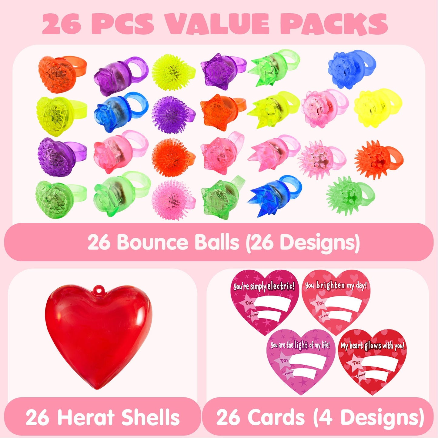 26 Packs Valentines Day Gifts Cards with Light Up Rings Filled Hearts for Kids, Valentine’s Day Glow In The Dark Finger Toys Rings for Boys and Girls Classroom Gift Exchange Game Prizes