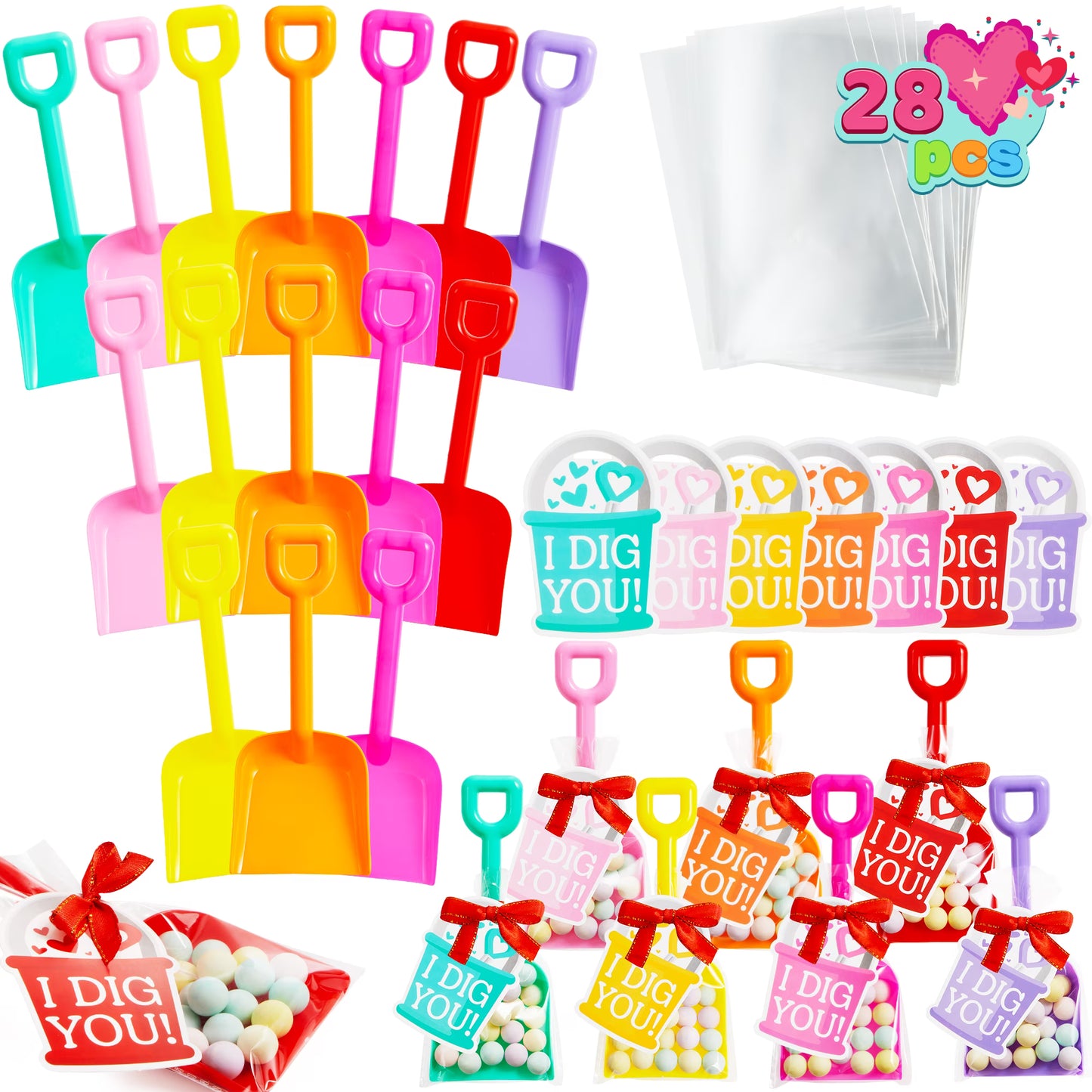 Joyfy 28 PCS Plastic Toy Shovels for Classroom Exchange Prizes Valentine¡¯s Gifts,with I DIG YOU Cards, 28 Candy Bags with Ribbon for Valentine Party Favors Supplies, Valentine Toys