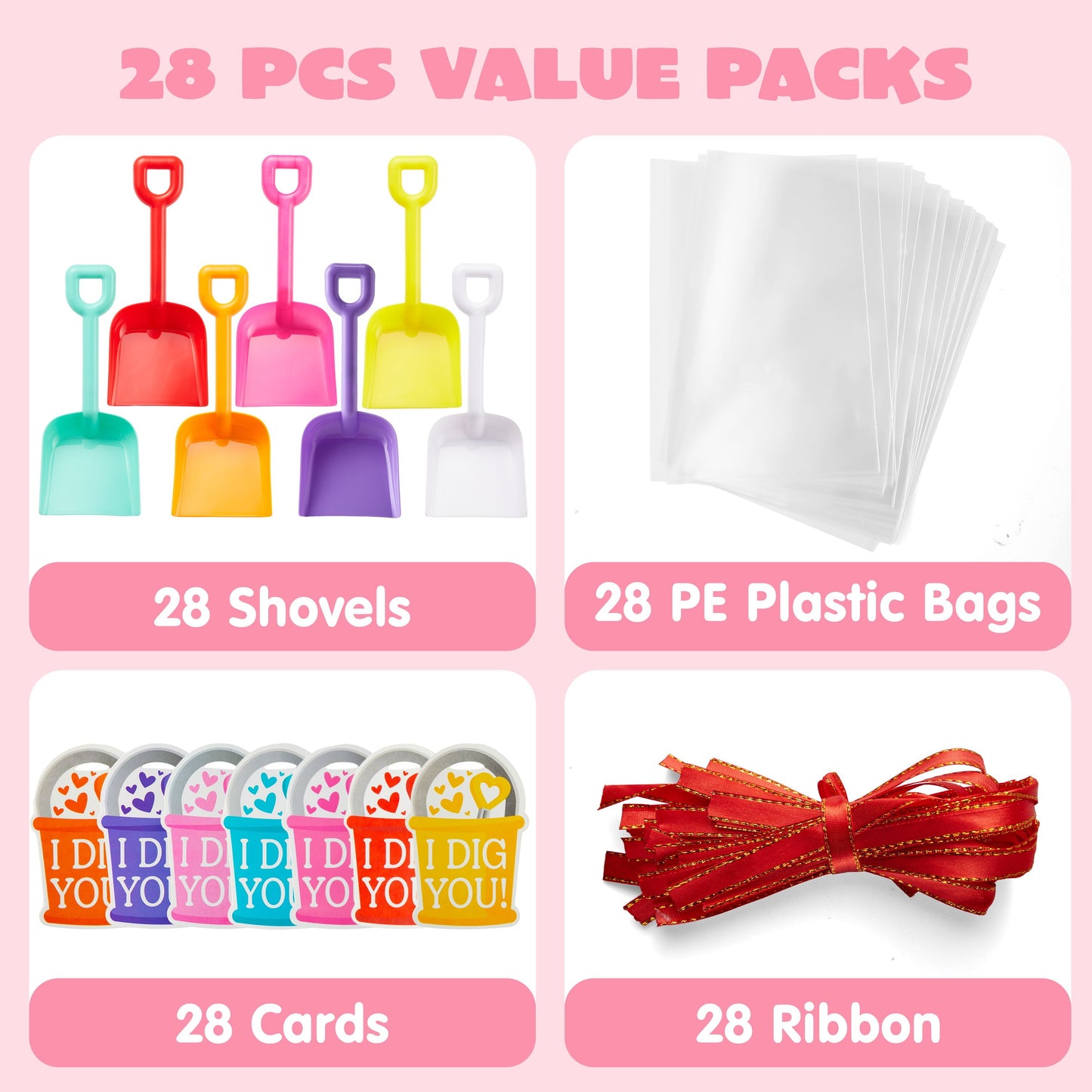 28 PCS Plastic Toy Shovels with I DIG YOU Cards, 28 Candy Bags with Ribbon for Valentine's Party Favors Supplies, Valentine's Toys, Classroom Exchange Prizes Valentine’s Gifts
