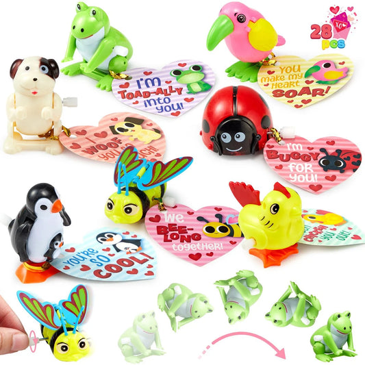 28 PCS Valentines Wind-up Toy with Cards for Kids, Valentines Party Favors, Goody Bag Fillers, Valentine Exchange Cards, Novelty Funny Gifts, Valentines Gift Cards