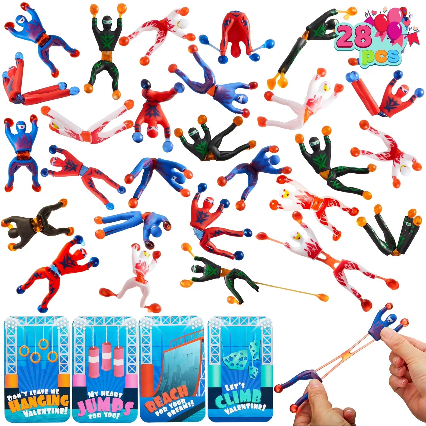 Joyfy 28 Packs Valentines Cards for Kids, Ninja Sticky Man, Classroom Exchange Gift for Kids, Prizes, Boys Valentines Party FavorsBlue Cards
