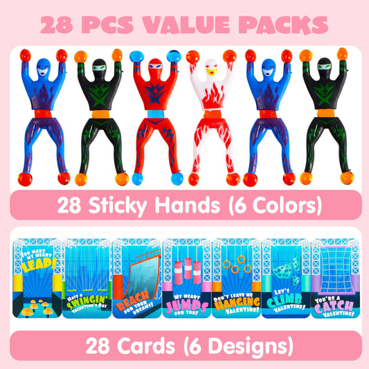 28 Pack Valentine's Day Ninja Sticky Man with Cards, Classroom Exchange Gift for Kids, Classroom and Holiday Reward Prizes, Valentine’s Party Favors, Ninja Sticky Man Toys
