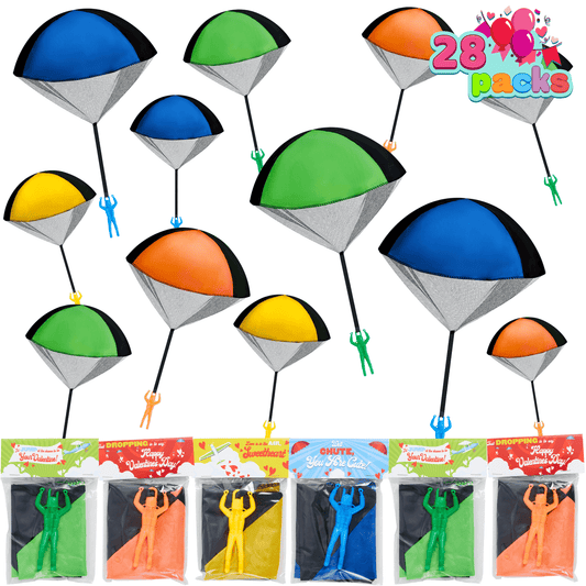 28 Pack Valentine's Day Parachute Toy with Cards,Army Soldiers Guys Toy, No Battery Throwing Hand Toy for Kids Party Favor, Valentine’s Greeting Cards