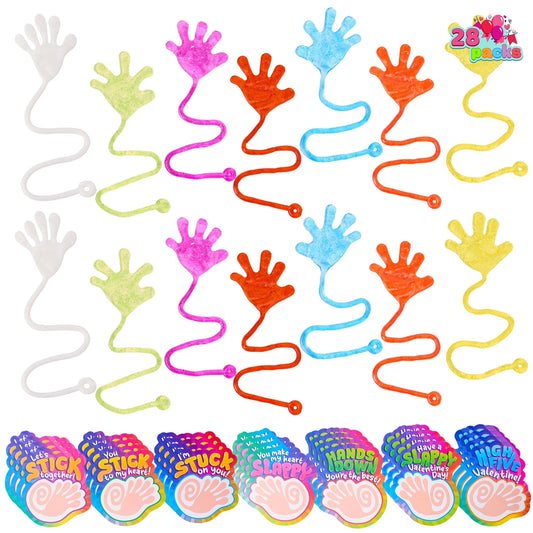 Joyfy 28 Pack Valentine's Day Sticky Hands with Cards, Classroom Exchange Gift for Kids, Classroom and Holiday Reward Prizes, Valentine’s Party Favors, Valentine Greeting Cards