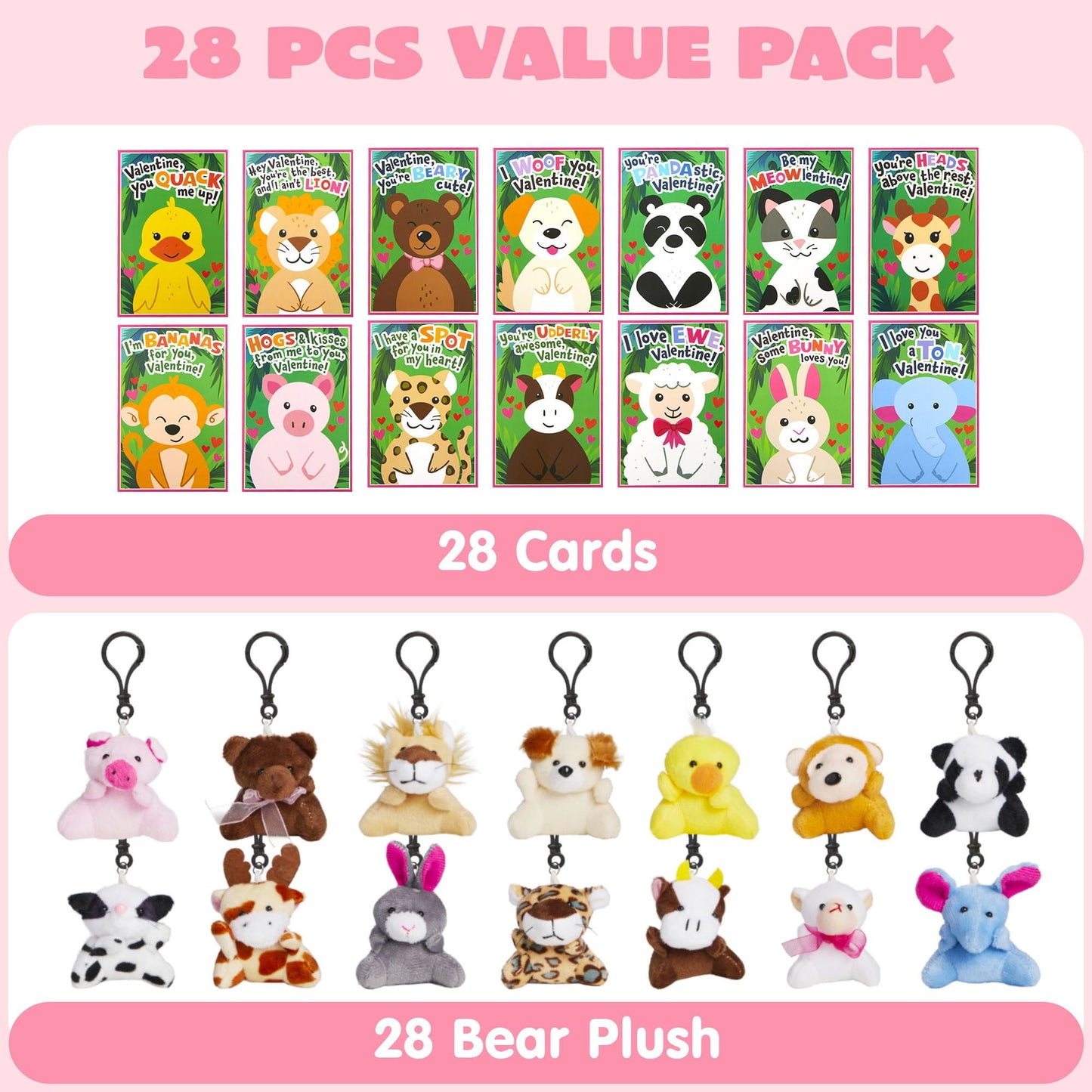 28 Pack Valentines Day Gifts Cards for Kids with Animal Plush Toy Key Chain Stress Relief Fidget Toy for Valentine's Classroom Exchange Cards and Valentines Party Favor