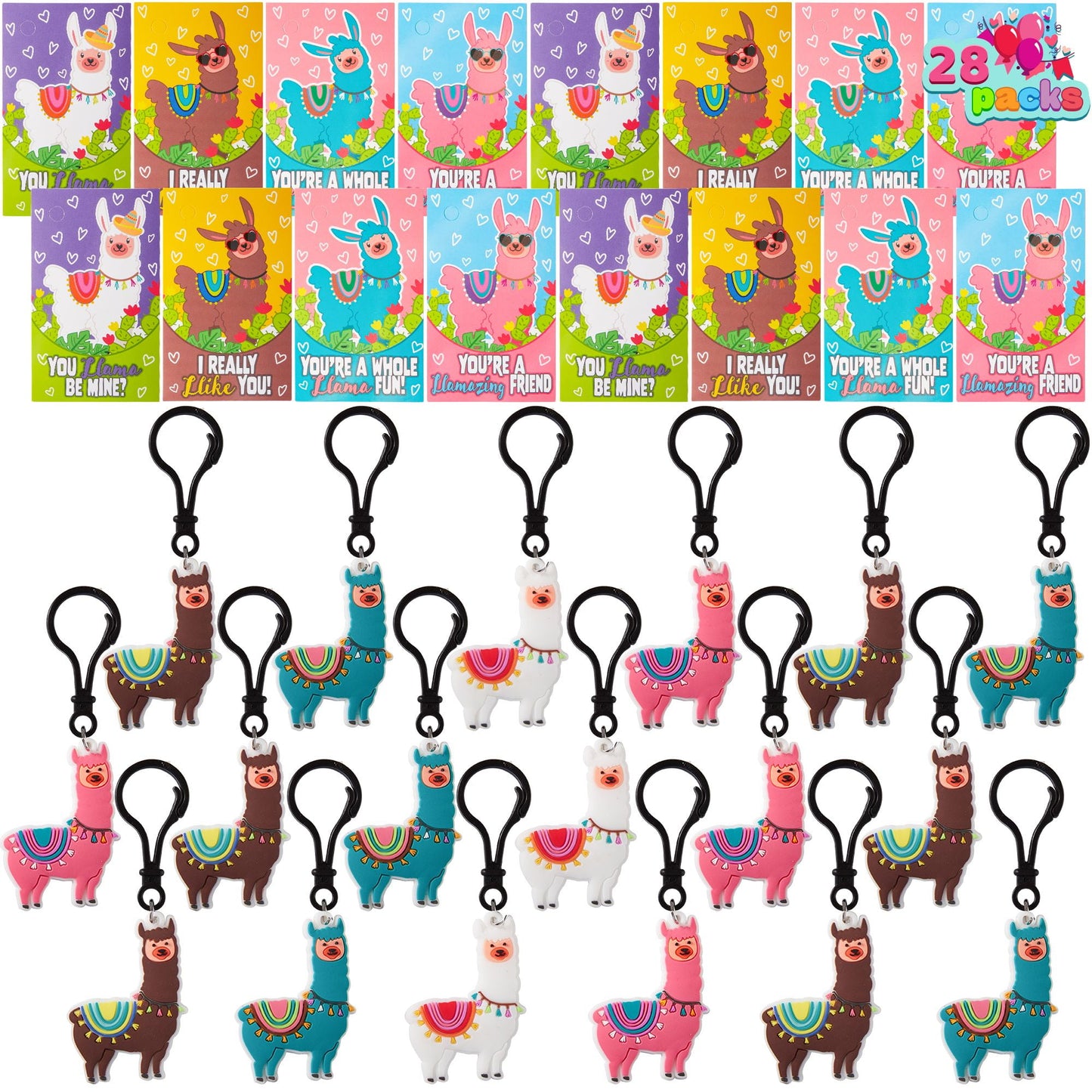 28 Pack Valentines Day Cards with Llama Keychain for Kids, Valentine's Classroom Exchange Gifts Valentines Party Favors