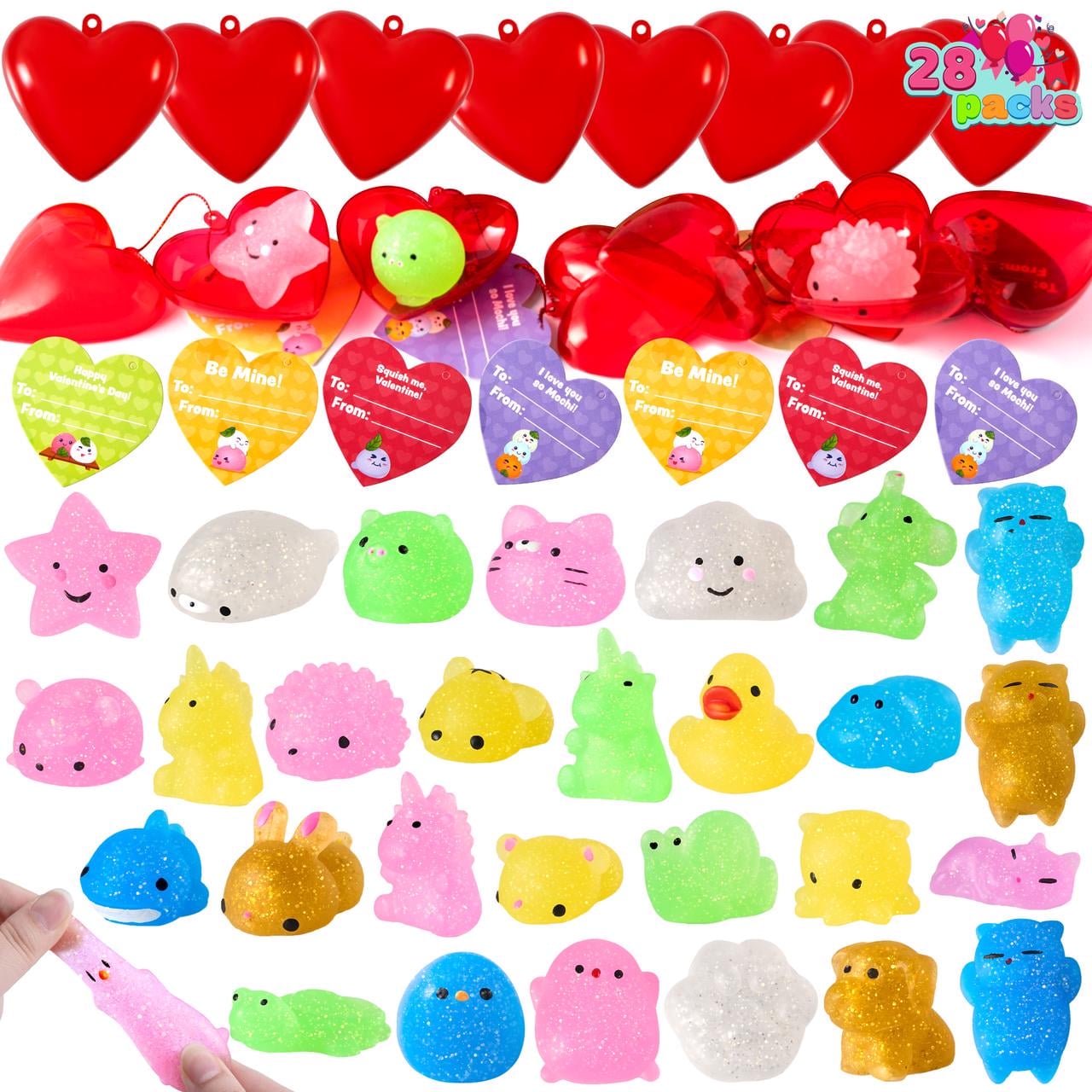 Joyfy 28 Packs Valentine Cards with Mochi for Kids, Filled Heart with Glitter Squishy Toys for Kids Valentines Day Classroom Exchange Prizes Gift, Valentines Party Favors