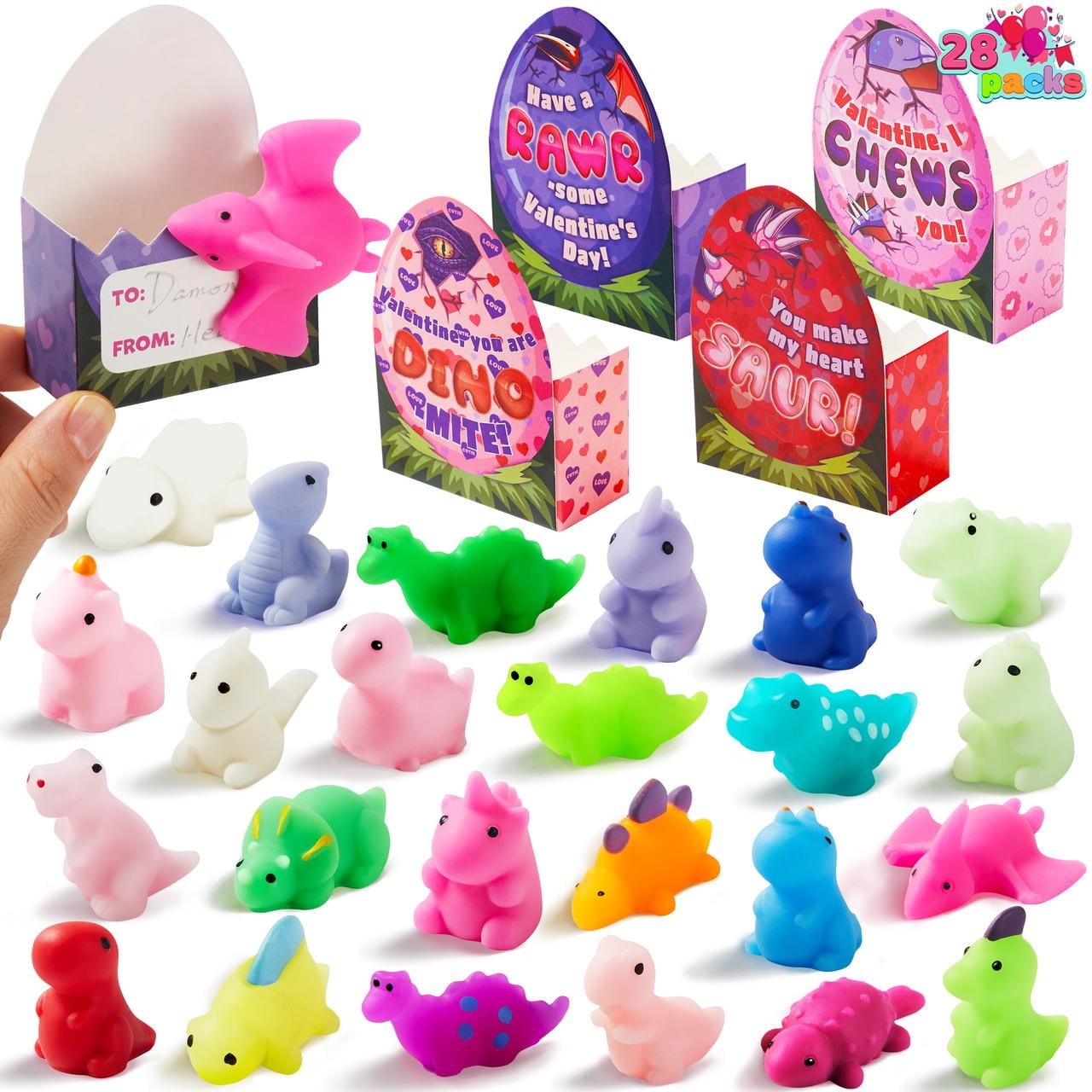 28 Packs Valentine Stress Relief Dinosaur Mochi Toys with 4-Design Boxes Party Favors Set for Kids Valentine Classroom Exchange, Holiday Party, Game Prizes and Gift Basket Stuffers