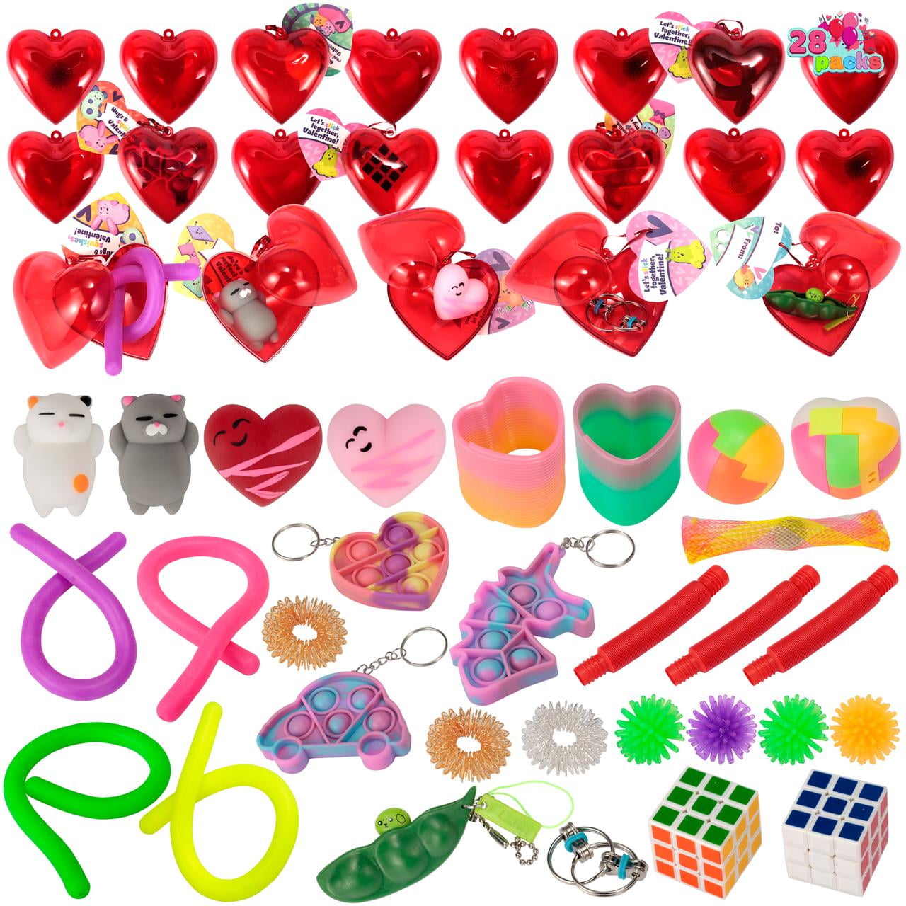 28 Packs Valentine Stress Relief Toys with Heart Shells and Cards