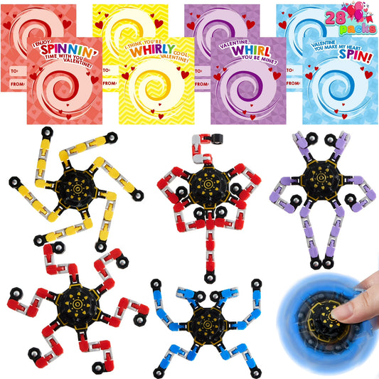 Joyfy 28 Packs Valentine’s Cards with Fidget Spinners for Kids, Deformable Stress Relief Toys for Kids Valentines Party Favors, School Classroom Exchange Gifts