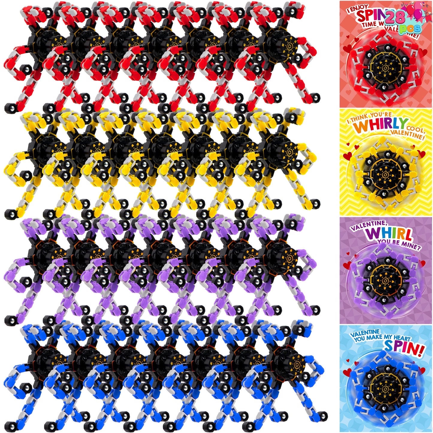 28 Packs Valentine’s Day 3-Design Gift Cards with Fidget Spinners, DIY Chain Robot Fingertip Toys, Deformable Stress Relief Toys for Kids Valentine’s Party Favor, School Exchange, Game Prizes